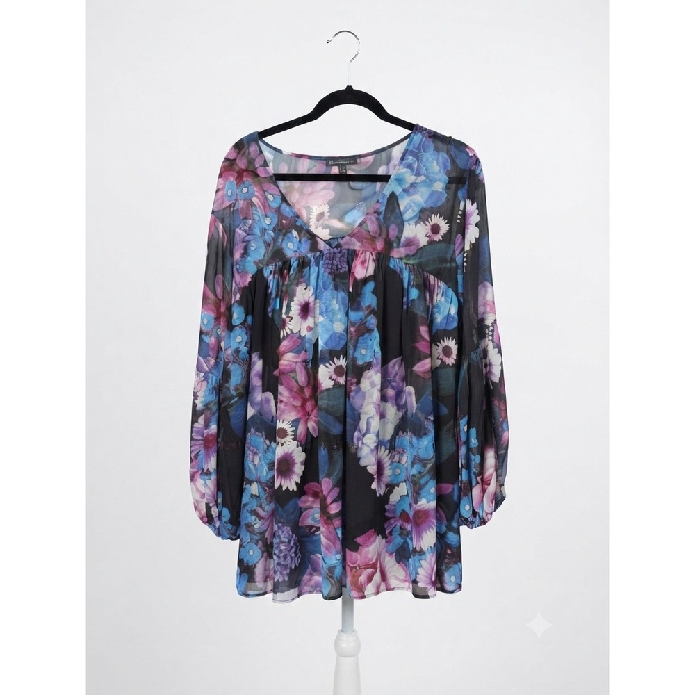 Adrianna Papell Floral Chiffon V-Neck Blouse Purple Blue Sheer Smocked Back 14